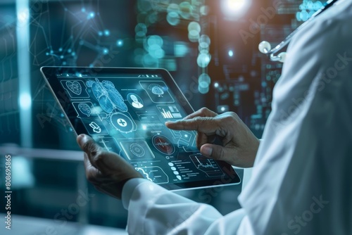 Digital healthcare innovation - doctor using tablet for patient data entry - medical technology