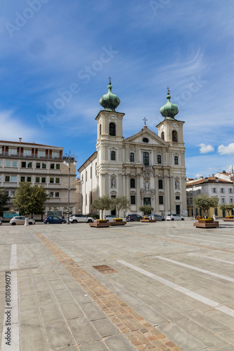 City of Gorizia  Piazza della Vittoria with the Church of Sant Ignazio and the fountain. The beautiful streets and the castle behind them are a trace of history. Cultural Heritage Capital 2025.