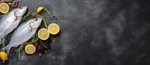 Three seasoned raw sea fish dorado or sea bream presented on a grey surface accompanied by spices lemon and a copy space image Viewed from above photo