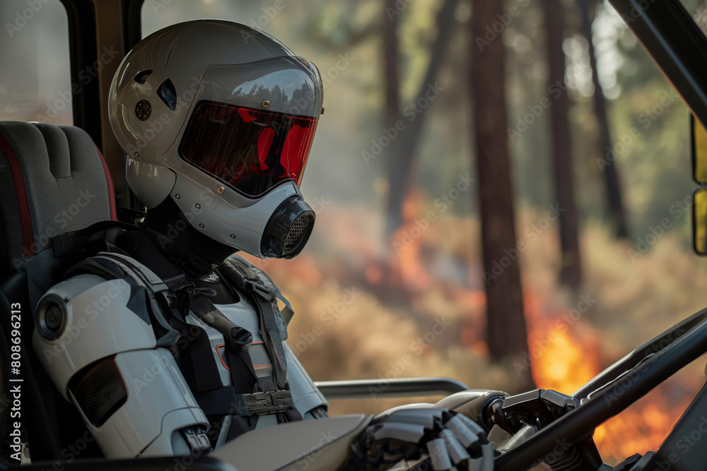 Humanoid robot driving a fire truck through a forest fire area Humanoid robot driving a fire truck through a forest fire area