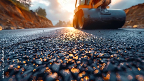 Asphalt road roller compactor press new hot asphalt on the roadway on a road construction site photo