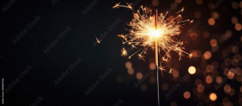 Obraz premium A festive sparkler adds an enchanting touch to a Christmas and New Year party with its vibrant display against a captivating black background creating a mesmerizing copy space image