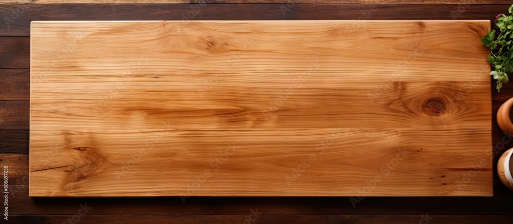 A top down view of a kitchen table with an empty wooden cutting board offering plenty of copy space for images
