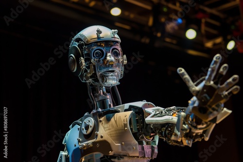 Spectacular theatrical robot performance showcasing futuristic humanoid robotics and artificial intelligence on stage in a modern cultural event