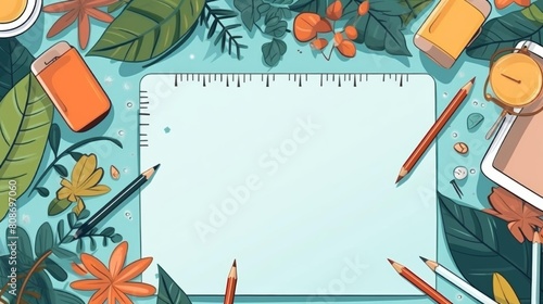Education flat design top view summer cartoon drawing colored pastel photo