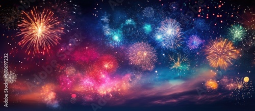 Colorful fireworks illuminating the dark night sky with a mesmerizing display. Copy space image. Place for adding text and design