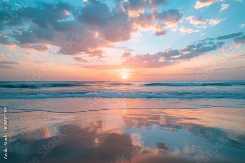 Tranquil beach sunrise with pastel sky