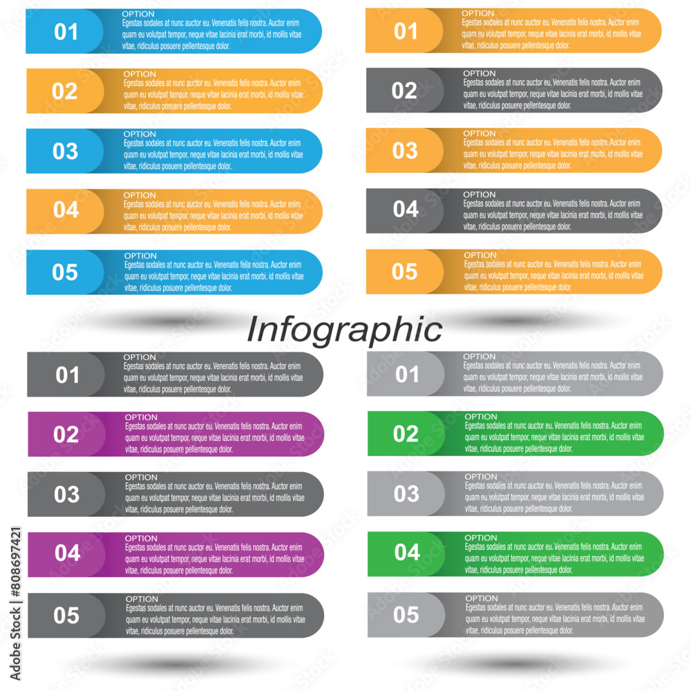 Collection infographics with steps and options, banner for business design and website template. Collection infographics with steps and options, banner for business design and website template.