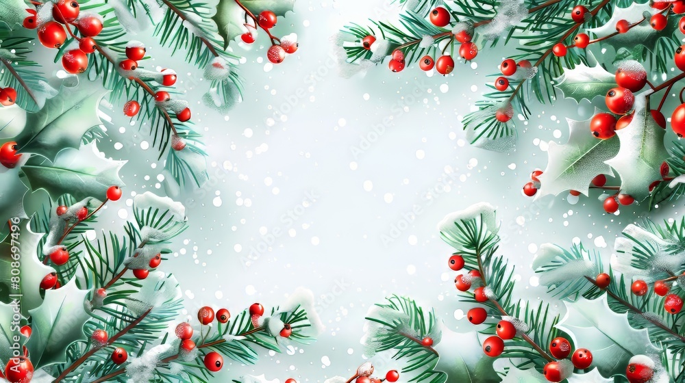Holiday frame of holly berries and snow with borders of green pine or fir twigs with mistletoe. Banner, poster, or card decoration. Holiday frame of holly berries and snow with borders of green pine or fir twigs with mistletoe. Banner, poster, or card decoration.