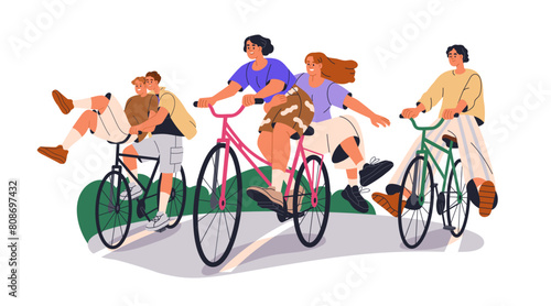 Friends group riding bicycles, laughing, having fun, cycling together. Happy joyous carefree young people on bikes, active summer vacation. Flat vector illustration isolated on white background