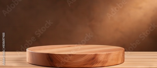 A genuine wooden podium with a natural round shape stands on a brown background It creates an eco friendly scene for presentations with a sawn cut texture and offers copy space for customization