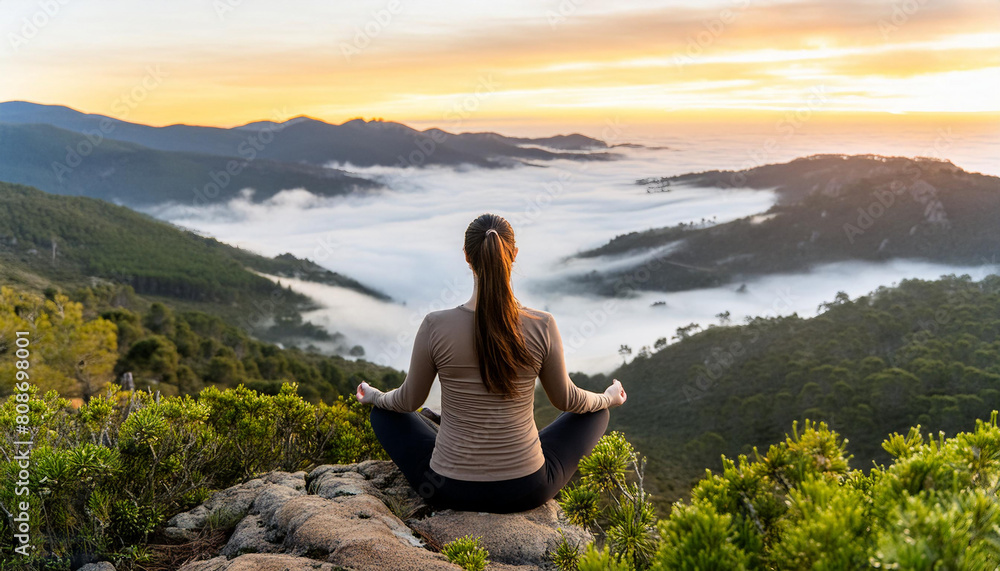 Young woman meditating at dawn on a mountain with panoramic views, back view, sunrise, foggy weather
