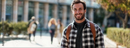 A handsome man in his late thirties smiling and wearing an unbuttoned flannel shirt with a brown backpack, walking on campus with students blurred in the background. In the background are modern  photo
