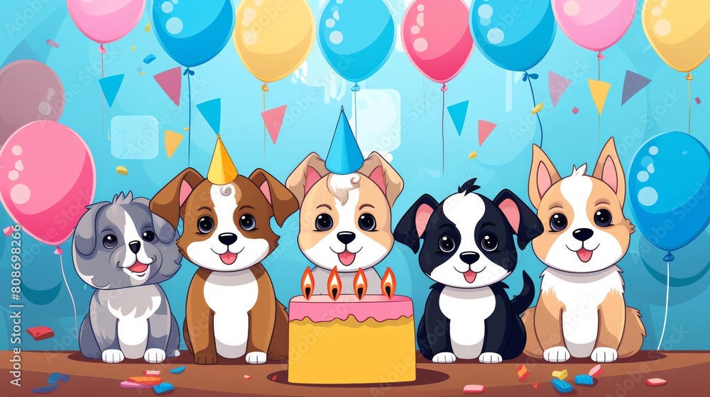 Naklejka premium A group of five puppies wearing party hats are sitting in front of a birthday cake