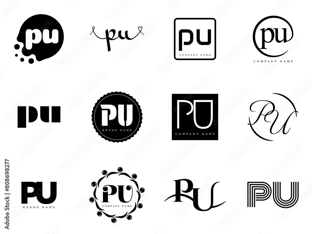 PU logo company template. Letter p and u logotype. Set different classic serif lettering and modern bold text with design elements. Initial font typography. PU logo company template. Letter p and u logotype. Set different classic serif lettering and modern bold text with design elements. Initial font typography.