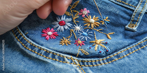 Repairing jeans with floral hand embroidery. Second life of clothes. Creative handmade decoration of clothes.