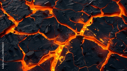 In this modern graphic, lava cracks appear in the ground. Broken earth is surrounded by magma glows isolated on dark background. Damages appear on hell floor surfaces as fractures with orange burns.