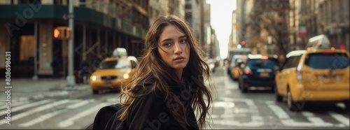 A scene from the movie: A woman with long brown hair walking down an empty street in New York City, surrounded by cabs and buildings. She is wearing black and has dark circles under her eyes. 