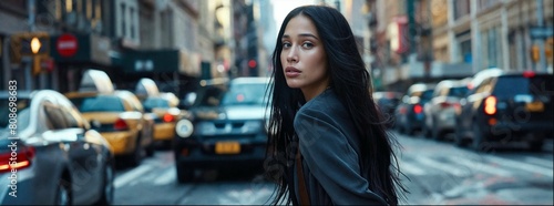 Asian woman with long black hair, walking down the street in New York City next to taxis and tall buildings. She is wearing all dark.