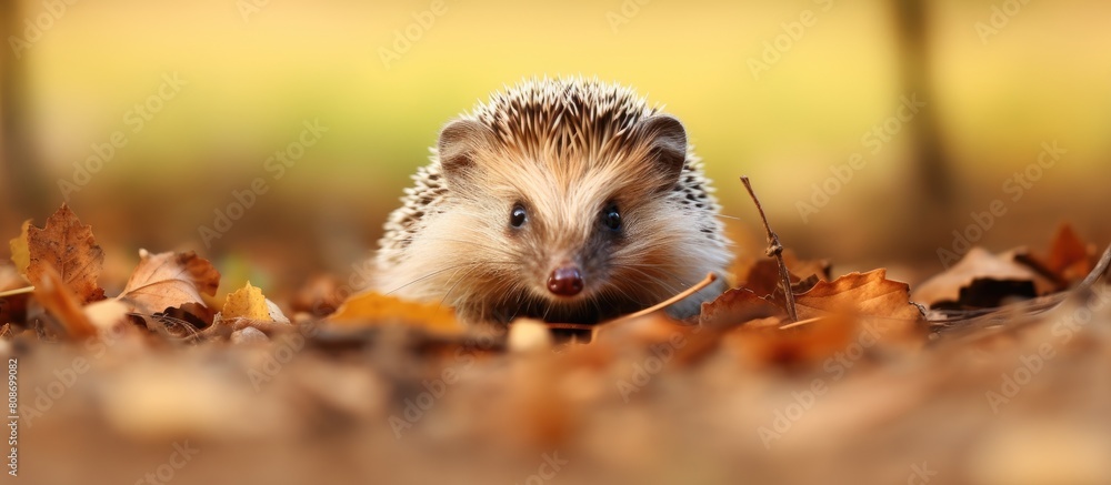 Adorable small dwarf hedgehog on the hunt for sustenance captured in a copy space image Adorable small dwarf hedgehog on the hunt for sustenance captured in a copy space image