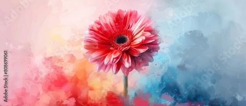 Bold strokes of watercolor bring the Gerbera flower to life on the canvas, its radiant hues of orange, pink, and yellow bursting forth in a joyful symphony of color.