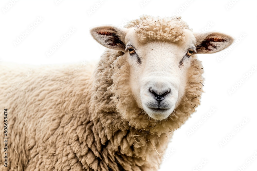 Close-up view of a sheep looking at the camera, isolated on a white background with a clear view of its woolly texture