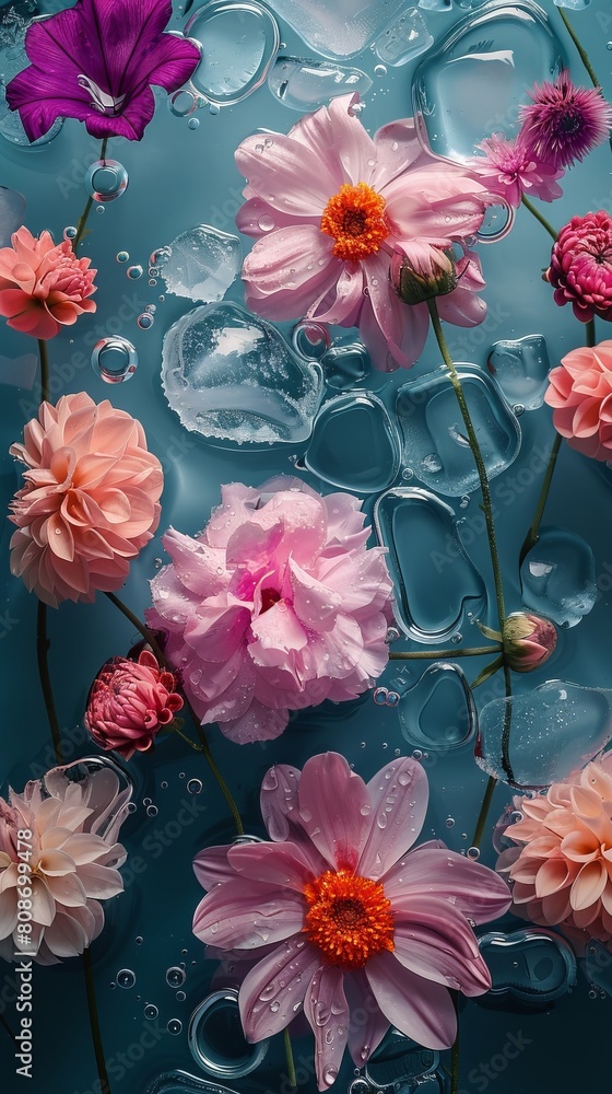 seamless wallpaper and still life with coloful summer flowers in frozen water