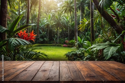 Wooden table with tropical forest background for product placement. Generative AI