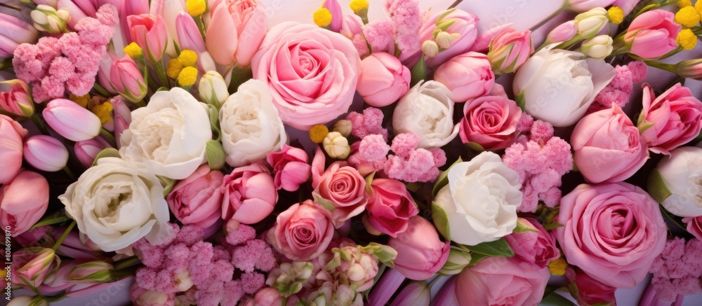A stunning spring bouquet captivates with its vibrant and stunning colors showcasing large pink roses and tulips Perfect for uplifting spring vibes Copy space image
