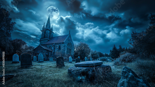 Halloween night by the old church under the moonlit sky. Halloween ghost cemetery with dark clouds. Graves in the cemetery at dusk. Spooky dark night full moon 