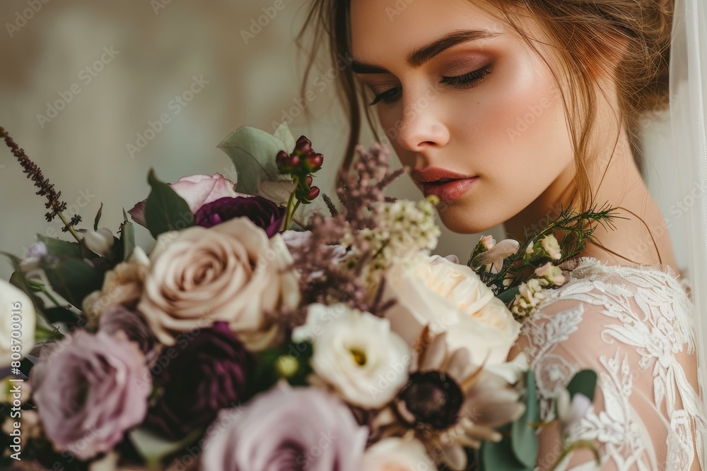 Close-up of a tranquil bride with a bouquet showcasing elegant roses and delicate florals