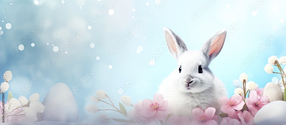 Obraz premium Vintage Easter background with a cute white bunny in a portrait style image leaving space for text or additional elements