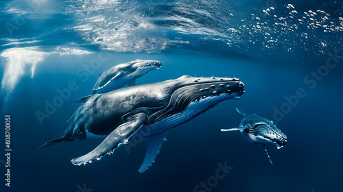 Baby humpback whales play near the surface in the blue water. Humpback whale in pacific ocean 