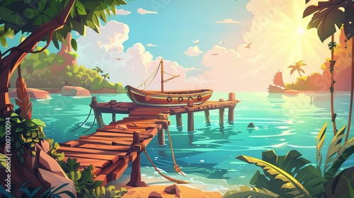 An illustration of a wooden pier in a jungle forest with a boat on a rope. Sea dock bridge with lianas in a tree near a river. Wharf on the ocean with beautiful sunlight. Ship on rope near pontoon photo
