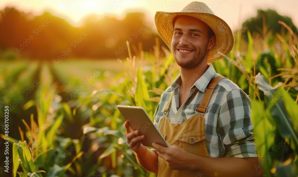 Fototapeta premium A happy farmer standing in the sweet corn field holding tablet