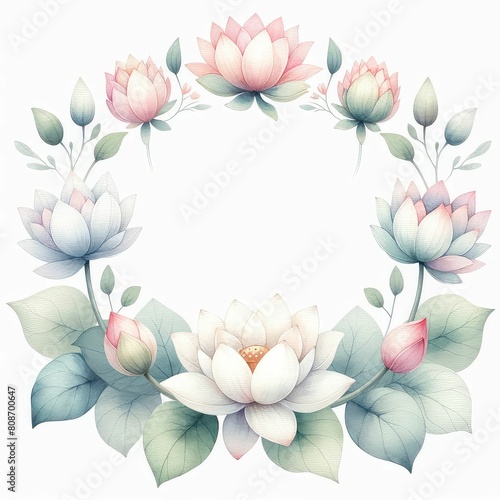 lotus flower themed frame or border for photos and text. watercolor illustration  Perfect for nursery art  simple clipart  single object  white color background. used as a greeting card or wedding.