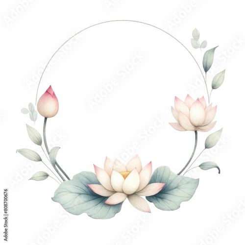 lotus flower themed frame or border for photos and text. watercolor illustration  Perfect for nursery art  simple clipart  single object  white color background. used as a greeting card or wedding.