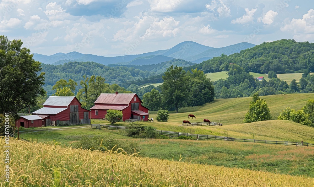 A bucolic scene of farms and fields in the summer near Boone, North Carolina A bucolic scene of farms and fields in the summer near Boone, North Carolina