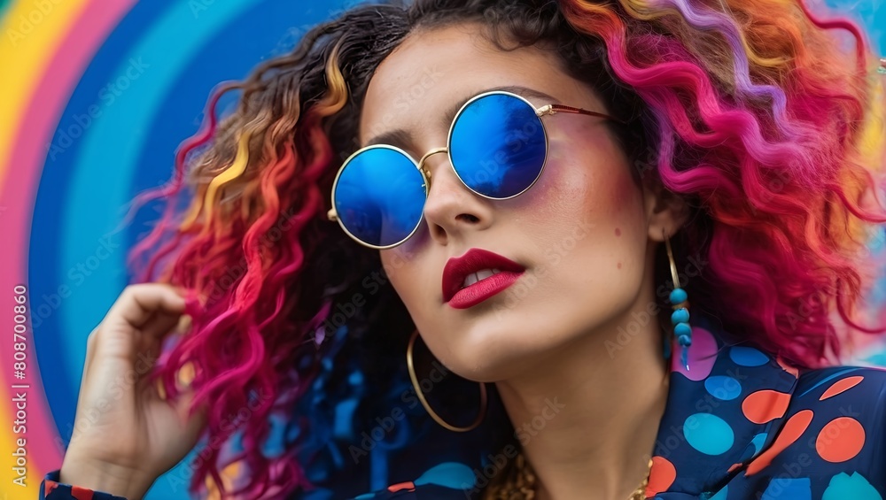 A vibrant curly hair pop art portrait of a woman, round vintage sunglasses, shades of crimson, cerulean, sunshine yellow, rainbow spectrum A vibrant curly hair pop art portrait of a woman, round vintage sunglasses, shades of crimson, cerulean, sunshine yellow, rainbow spectrum