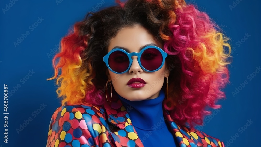 A vibrant pop art portrait of a woman blue sunglasses with a round frame. hair explodes in a voluminous, curly mane rainbow spectrum