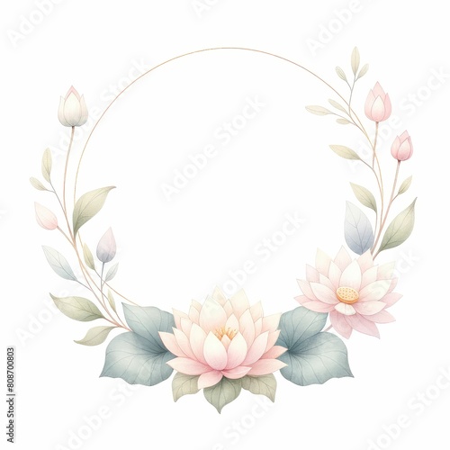 lotus flower themed frame or border for photos and text. watercolor illustration, Perfect for nursery art, simple clipart, single object, white color background. used as a greeting card or wedding.