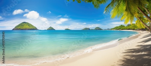 The stunning beach and the picturesque tropical sea create a captivating copy space image