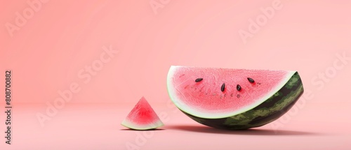 3D rendering of a creative summer fruit, a watermelon slice on a pale pink background. Minimal concept.
