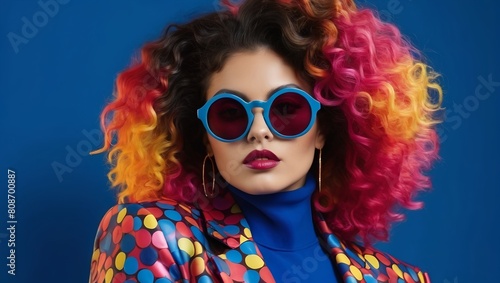 A vibrant pop art portrait of a woman blue sunglasses with a round frame. hair explodes in a voluminous  curly mane rainbow spectrum