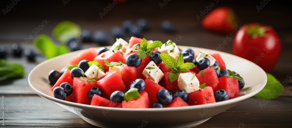 A refreshing salad featuring watermelon feta cheese and a variety of berries is beautifully presented in a copy space image A refreshing salad featuring watermelon feta cheese and a variety of berries is beautifully presented in a copy space image