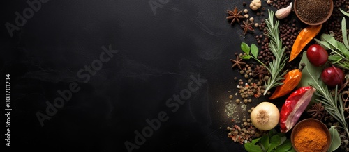 A top down view of various herbs and spices on a black stone background with ample room for additional images or text