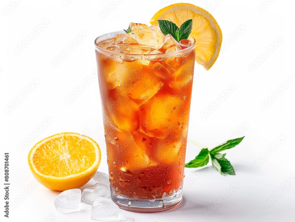 AI generated illustration of a glass of soda with ice cubes on a white background AI generated illustration of a glass of soda with ice cubes on a white background
