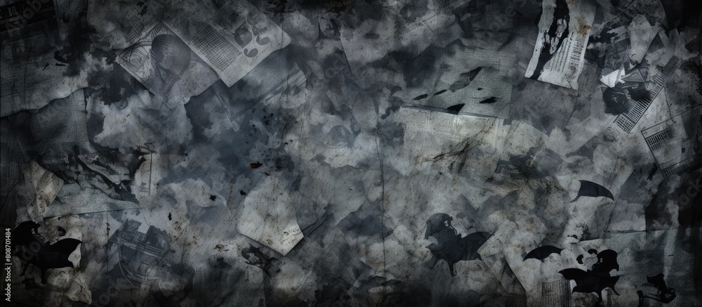 A spooky grunge backdrop with a dark and crumpled surface featuring old torn posters and various shades of black grey and black paper Copy space image A spooky grunge backdrop with a dark and crumpled surface featuring old torn posters and various shades of black grey and black paper Copy space image