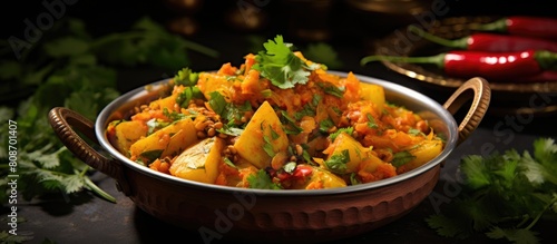 A flavorful dish of stir fried taro roots also known as arbi ki sabji is prepared as a spicy masala curry The dish known as arbi masala is beautifully garnished with coriander red chili and curry lea photo