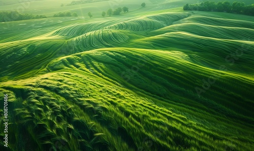 Aerial view of green barley fields swaying in the wind photo